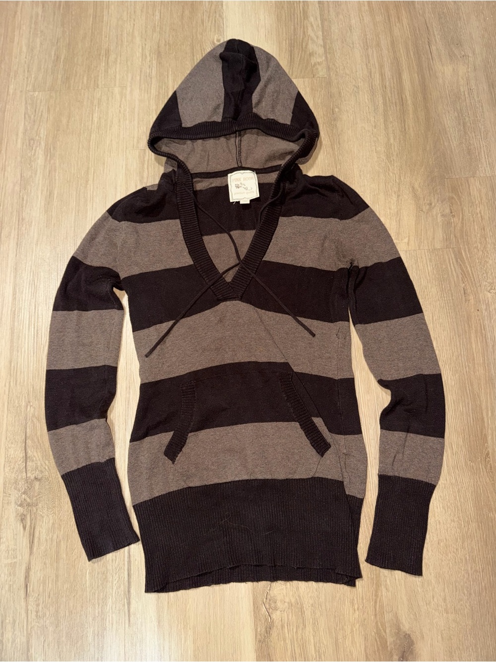 Pink Rose Striped Hooded V-Neck Sweater - Dark & light Brown